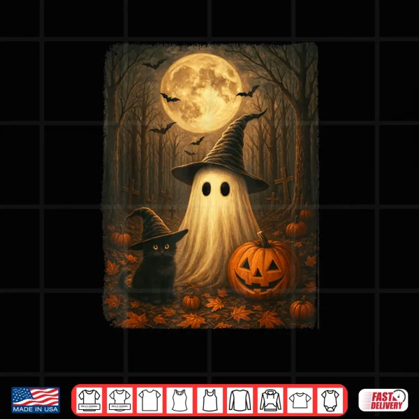 Design Cute Ghost Black Cat Halloween Witch Pumpkin Dark Forest Shirt