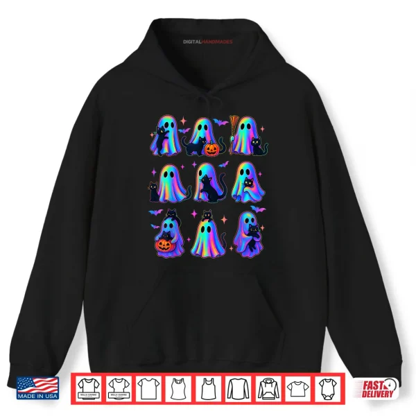 Hoodie Floral Color Ghost Holding A Black Cat Lazy Spooky Halloween Shirt