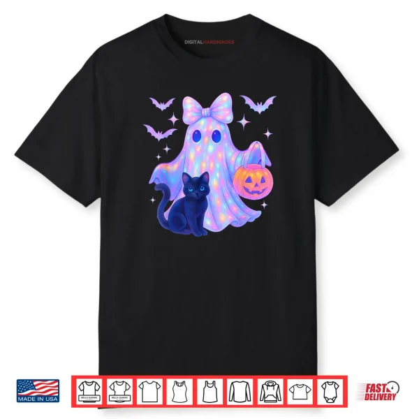 Floral Colorful Ghost Black Cat Coquette Bow Halloween Shirt