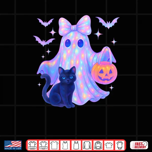 Design Floral Colorful Ghost Black Cat Coquette Bow Halloween Shirt