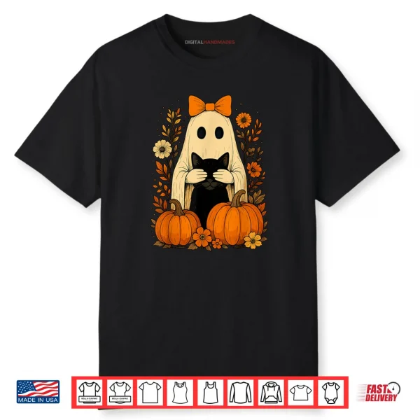 Ghost Bow Holding Black Cat Fall Halloween Shirt