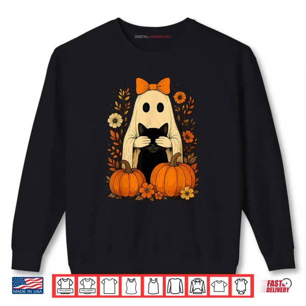 Sweatshirt Ghost Bow Holding Black Cat Fall Halloween Shirt