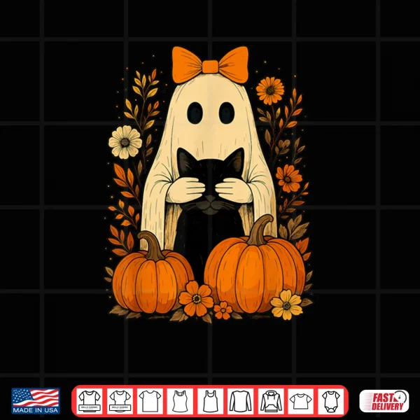 Design Ghost Bow Holding Black Cat Fall Halloween Shirt