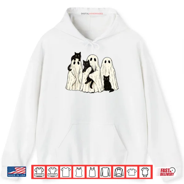 Hoodie Ghost Holding Black Cat Costume Retro Halloween Shirt