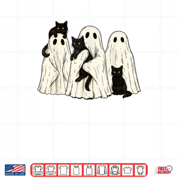 Design Ghost Holding Black Cat Costume Retro Halloween Shirt