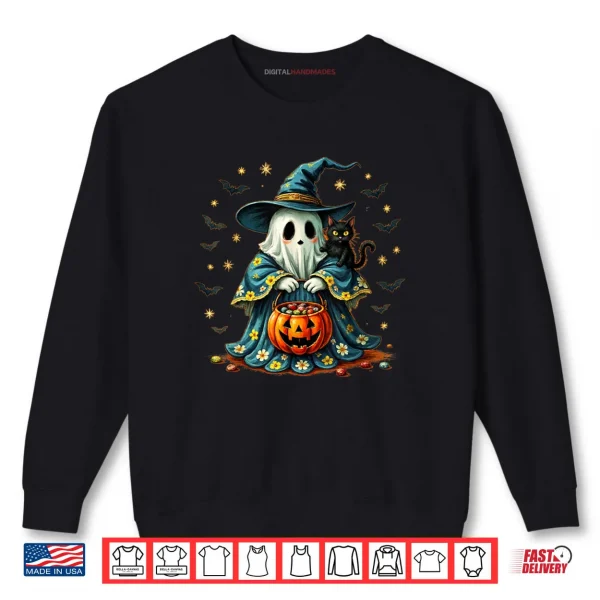 Sweatshirt Ghost Holding Black Cat Groovy Floral Halloween Shirt