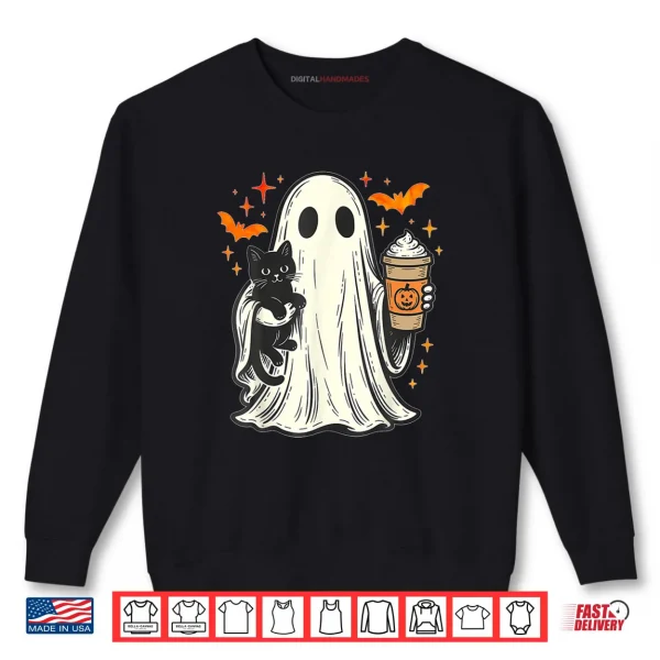 Sweatshirt Ghost Holding Black Cat Ice Coffee Lover Vintage Halloween Shirt