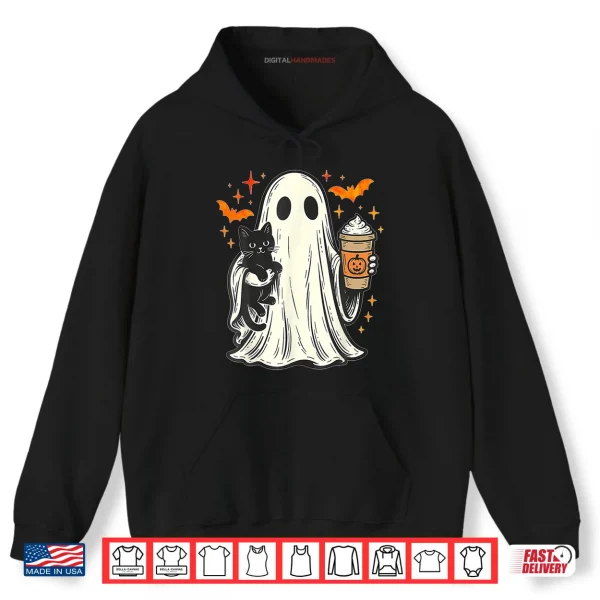 Hoodie Ghost Holding Black Cat Ice Coffee Lover Vintage Halloween Shirt