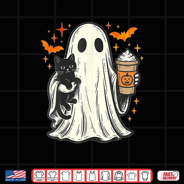 Design Ghost Holding Black Cat Ice Coffee Lover Vintage Halloween Shirt