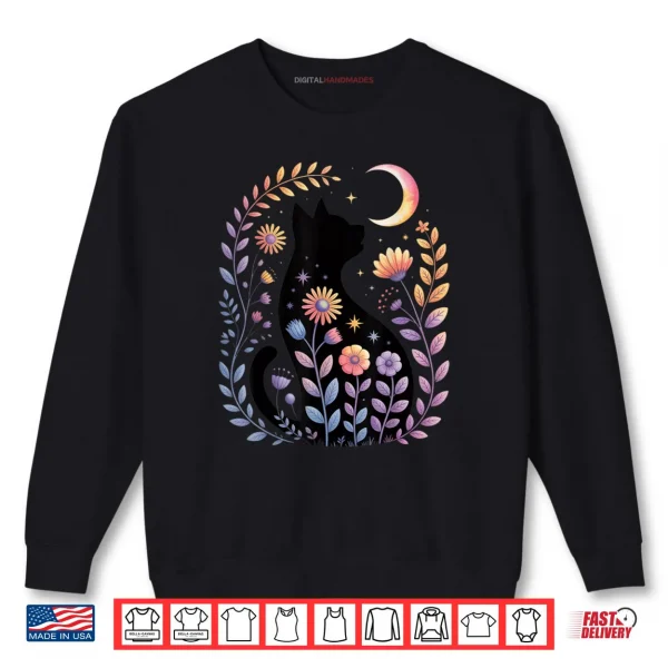 Sweatshirt Midnight Cat and Crescent Enchanted Lunar Garden Scene Shirt