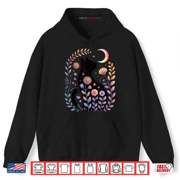 Hoodie Midnight Cat and Crescent Enchanted Lunar Garden Scene Shirt