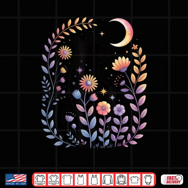 Design Midnight Cat and Crescent Enchanted Lunar Garden Scene Shirt