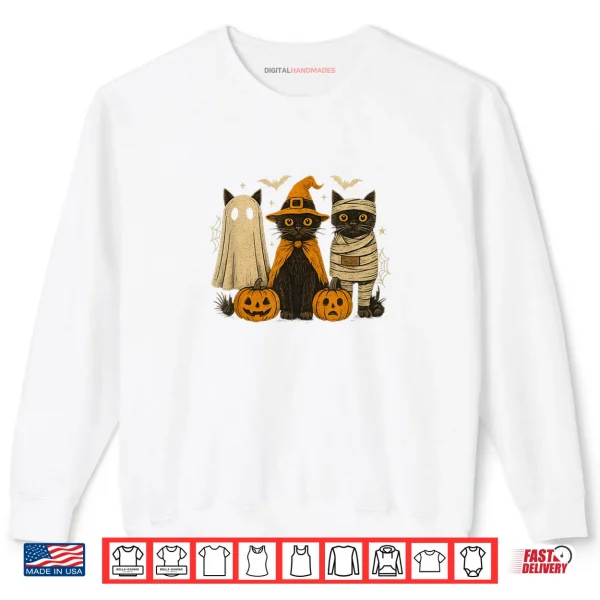 Sweatshirt Retro Black Cat Witch Scary Halloween Pumpkin Shirt