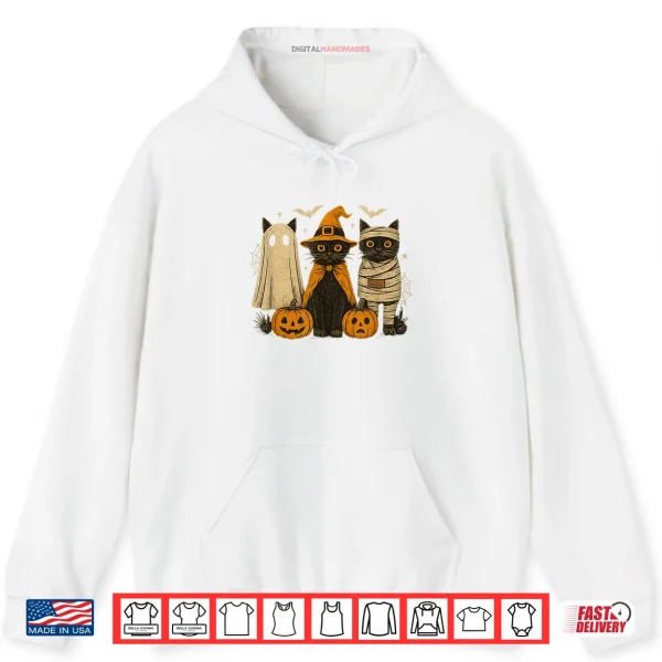 Hoodie Retro Black Cat Witch Scary Halloween Pumpkin Shirt