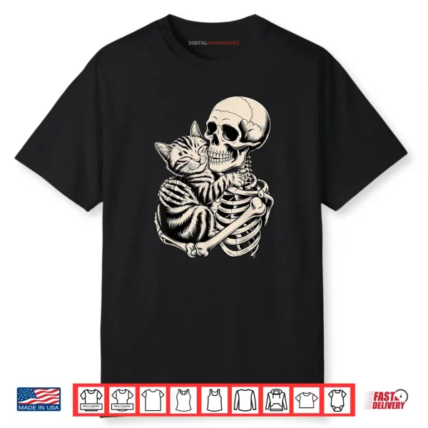 Skeleton Hugging Cat Halloween Cat Lover Cat Mom Dad Shirt