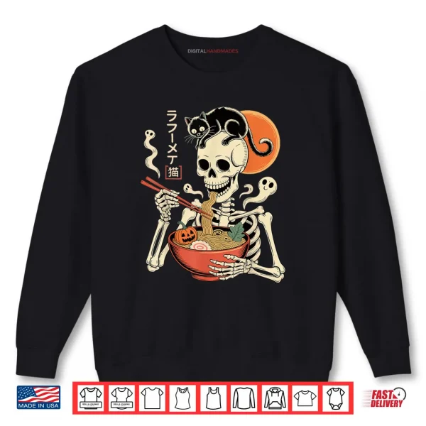 Sweatshirt Spooky Skeleton Eating Ramen Bowl with Cat Halloween Shirt