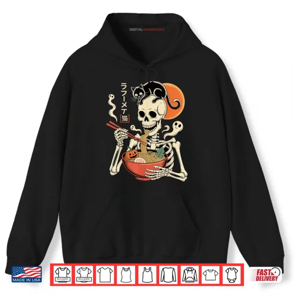 Hoodie Spooky Skeleton Eating Ramen Bowl with Cat Halloween Shirt