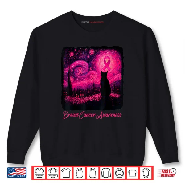 Sweatshirt Starry Night Van Gogh Cat Halloween Breast Cancer Awareness Shirt