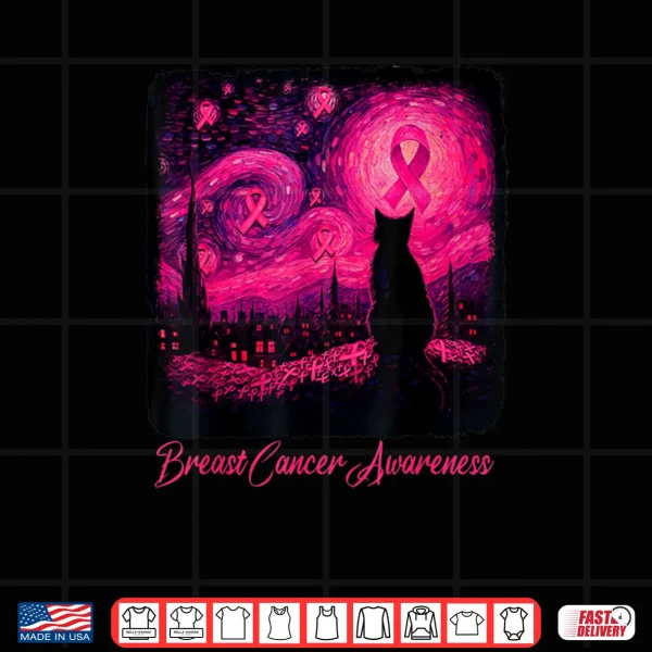 Design Starry Night Van Gogh Cat Halloween Breast Cancer Awareness Shirt