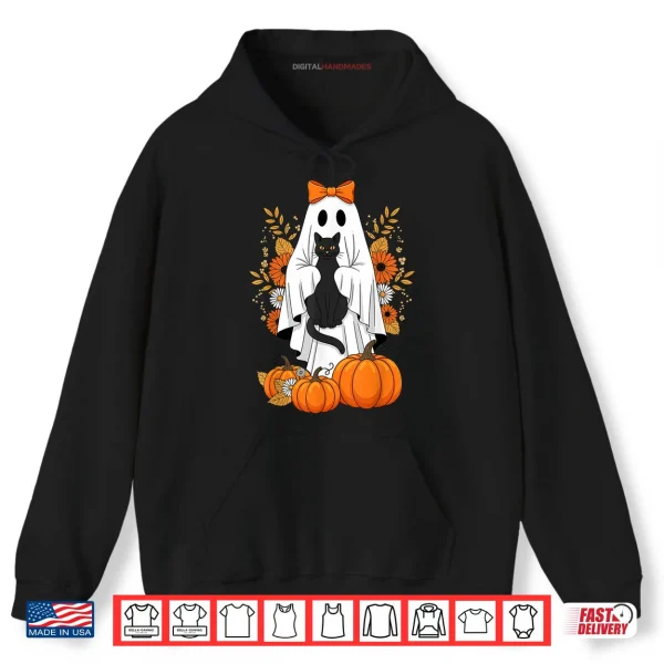 Hoodie Black Cat Ghost Pumpkin Cute Fall Halloween Shirt