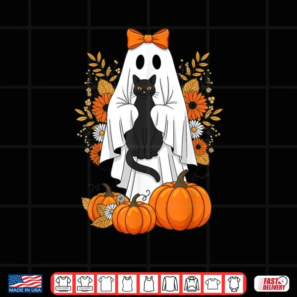Design Black Cat Ghost Pumpkin Cute Fall Halloween Shirt