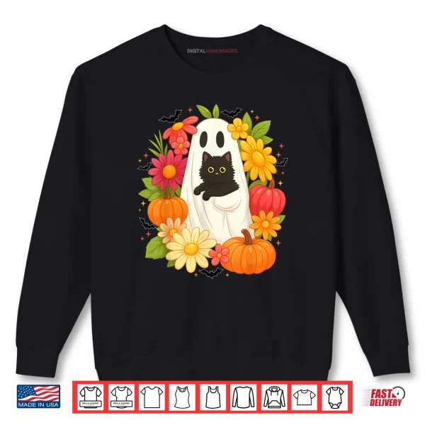 Sweatshirt Ghost Floral Black Cat Groovy Vintage Boo Halloween Shirt