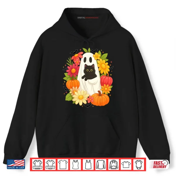Hoodie Ghost Floral Black Cat Groovy Vintage Boo Halloween Shirt