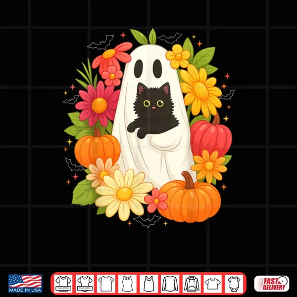 Design Ghost Floral Black Cat Groovy Vintage Boo Halloween Shirt