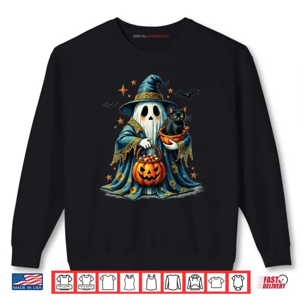 Sweatshirt Ghost Holding Black Cat Lover Halloween Groovy Floral Shirt