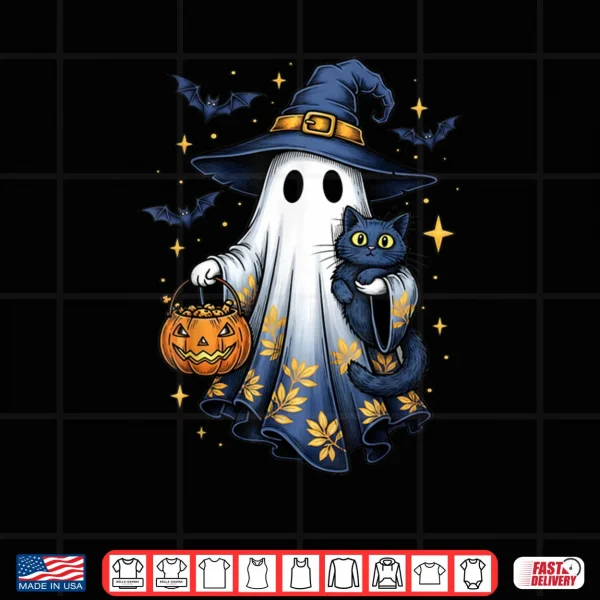 Design Ghost Witch Holding Black Cat Funny Halloween Shirt