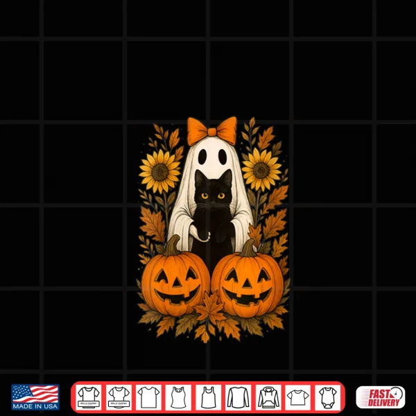Design Vintage Cute Halloween Ghost Holding Black Cat Autumn Fall Shirt