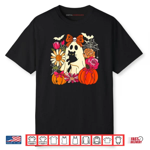 Spooky Ghost Holding Black Cat Groovy Floral Halloween Goth Shirt 1