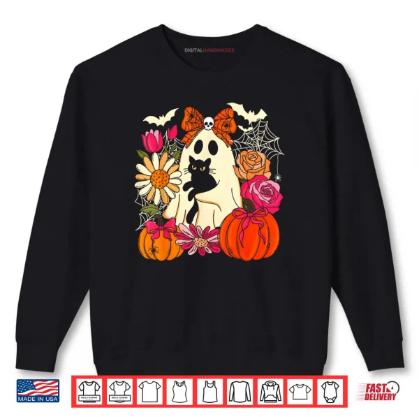 Sweatshirt Spooky Ghost Holding Black Cat Groovy Floral Halloween Goth Shirt 1