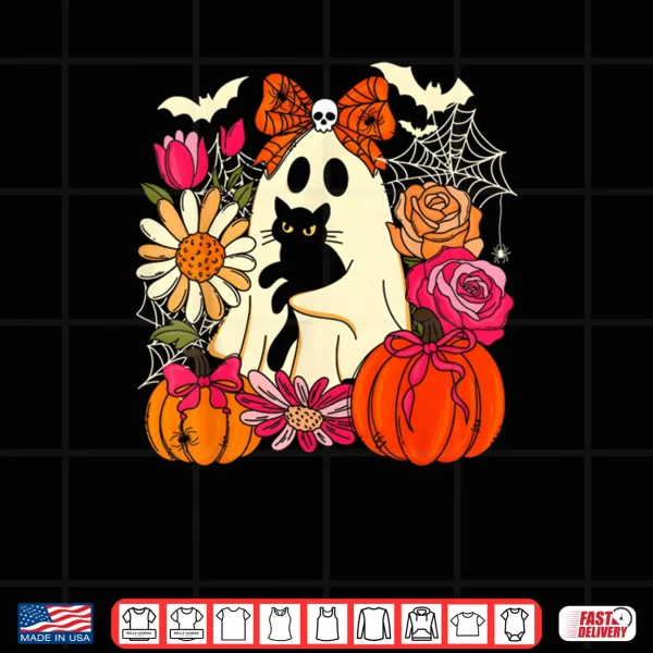 Design Spooky Ghost Holding Black Cat Groovy Floral Halloween Goth Shirt 1