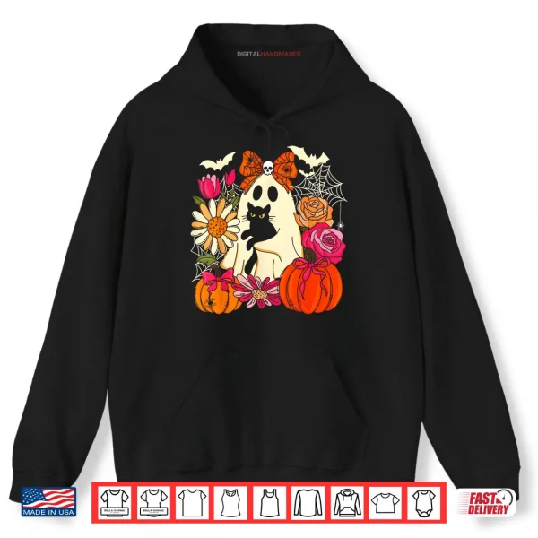 Hoodie Spooky Ghost Holding Black Cat Groovy Floral Halloween Goth Shirt 1