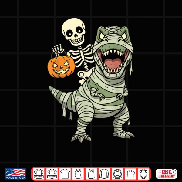 Design Skeleton Riding Mummy Dinosaur T rex Halloween Funny Pumpkin Shirt