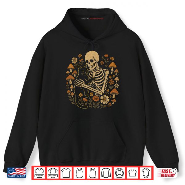 Hoodie Cottagecore Aesthetic Floral Mushroom Skeleton Hugging Cat Shirt
