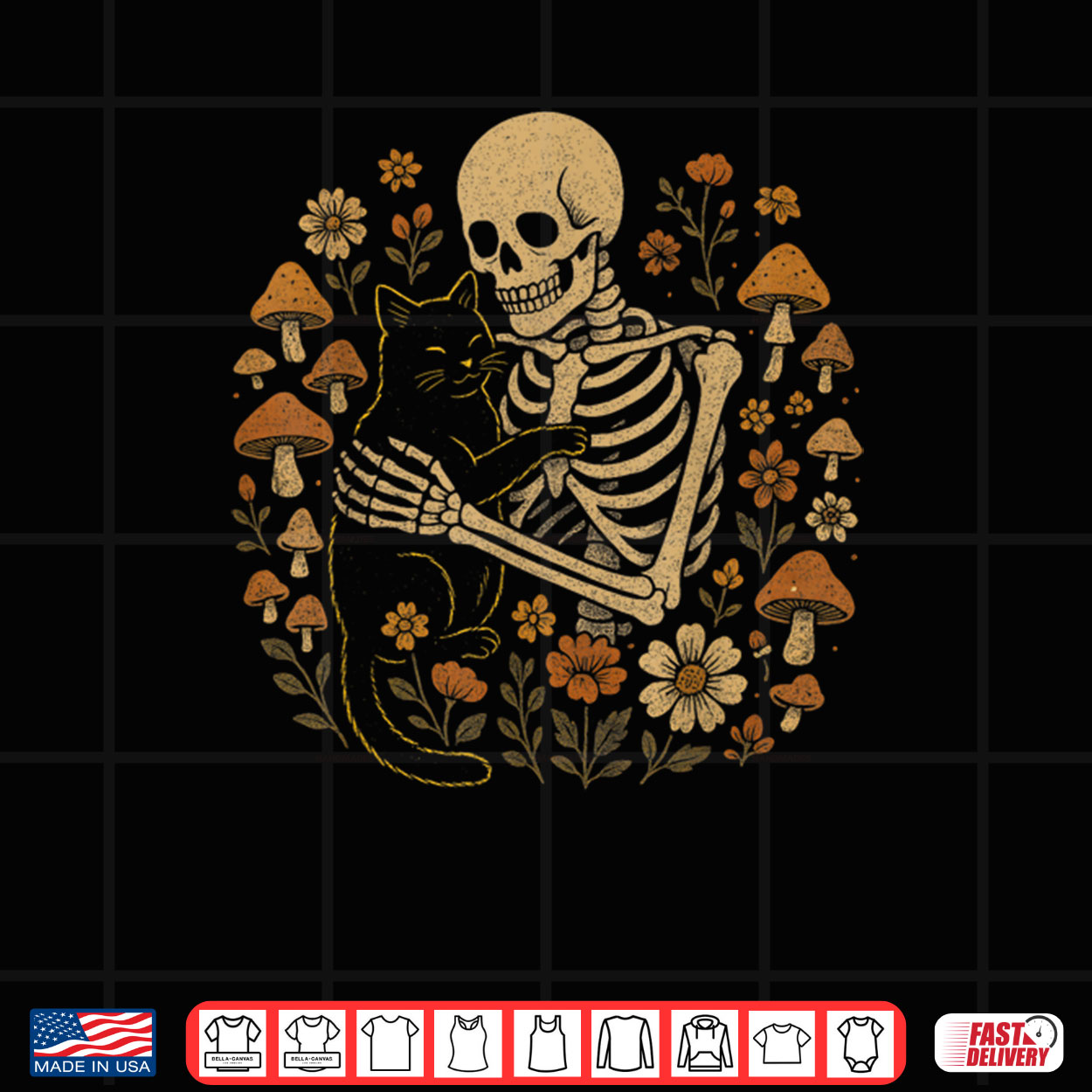 Cottagecore Aesthetic Floral Mushroom Skeleton Hugging Cat Shirt