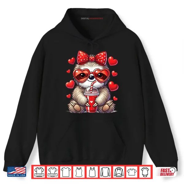 Hoodie Sloth holding heart drinking Coffee sloth valentines Day Bow Shirt