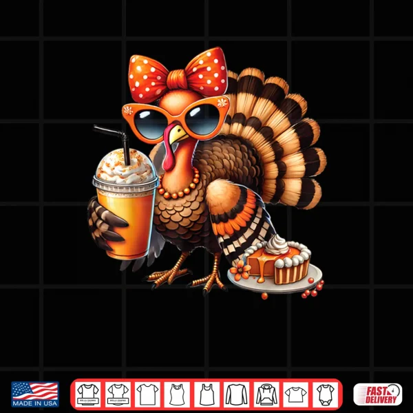 Design Turkey Drinking Coffee Bow Thanksgiving Womens Turkey Day Shirt