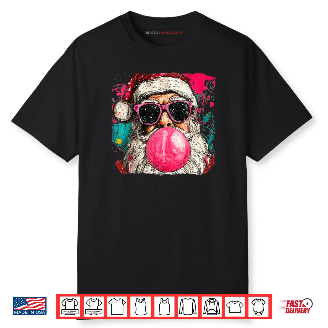 Vintage Preppy Watercolor Santa Bubble Gum Pink Sunglasses Shirt