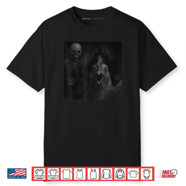 Chicken Selfie with Skeleton Halloween Funny Shirt