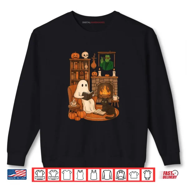 Sweatshirt Retro Halloween Cozy Ghost Reading Book by 90s Frankenstein Shirt