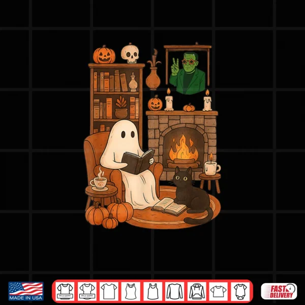 Design Retro Halloween Cozy Ghost Reading Book by 90s Frankenstein Shirt