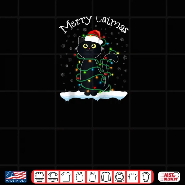 Design Black Cat Christmas Light Merry Catmas Cat Shirt