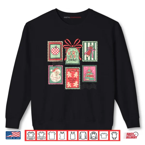 Sweatshirt Vintage Preppy Very Merry Teacher Santa Stamps Christmas Shirt