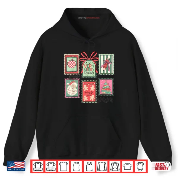Hoodie Vintage Preppy Very Merry Teacher Santa Stamps Christmas Shirt