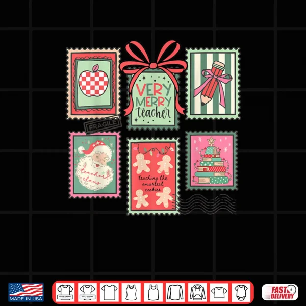 Design Vintage Preppy Very Merry Teacher Santa Stamps Christmas Shirt
