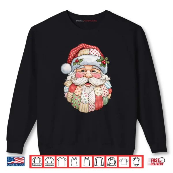 Sweatshirt Santa Claus Face Patchwork Folk Art Christmas Xmas Shirt
