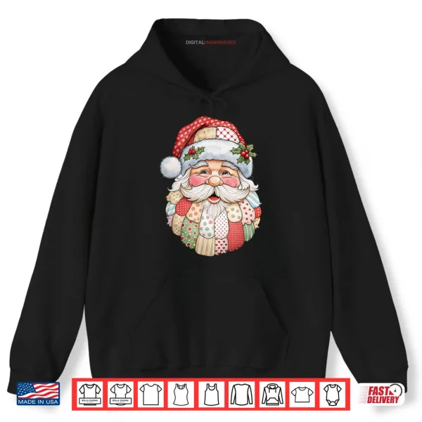 Hoodie Santa Claus Face Patchwork Folk Art Christmas Xmas Shirt